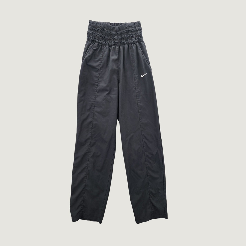 Nike Dri-FIT High Waisted Track Pants Black Smocked Waist XS Straight Leg Woven